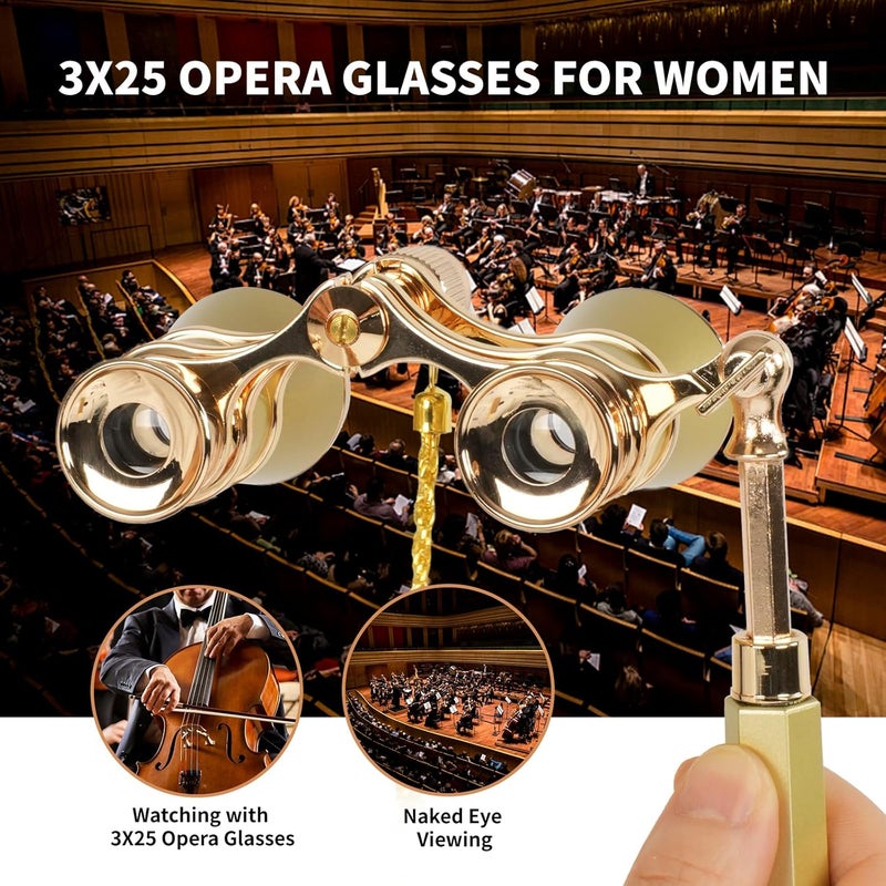 BOSTRON 3X25 Opera Glasses Theater Binoculars Compact with Adjustable Handle & Chain, Portable Vintage Theater Glasses Mini Binoculars for Adults Women Kids for Concerts Opera Houses Cinema, Gold - Image 3